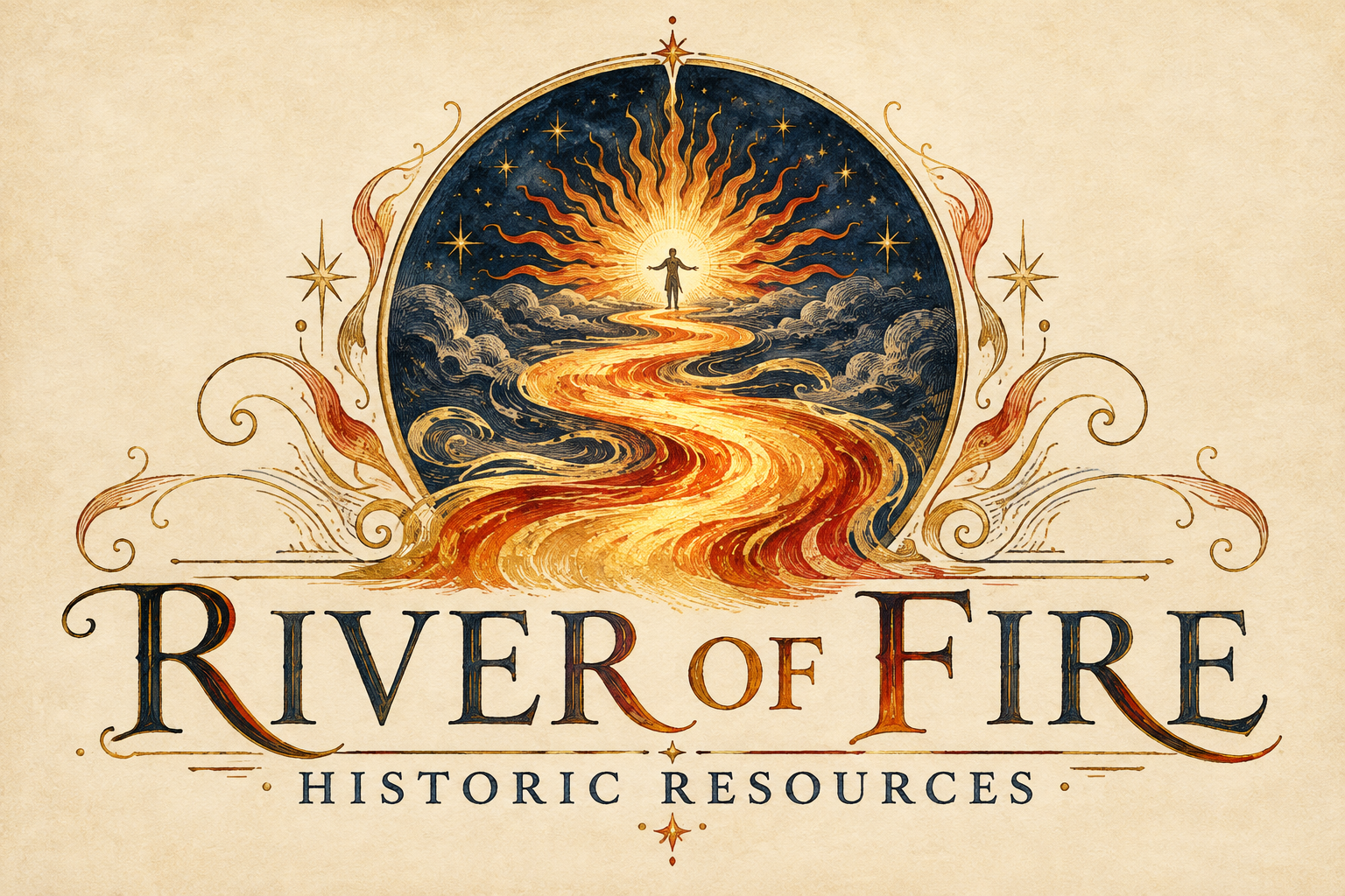 River of Fire Historic Resources: a golden river of flame beneath a radiant human figure and an indigo sky